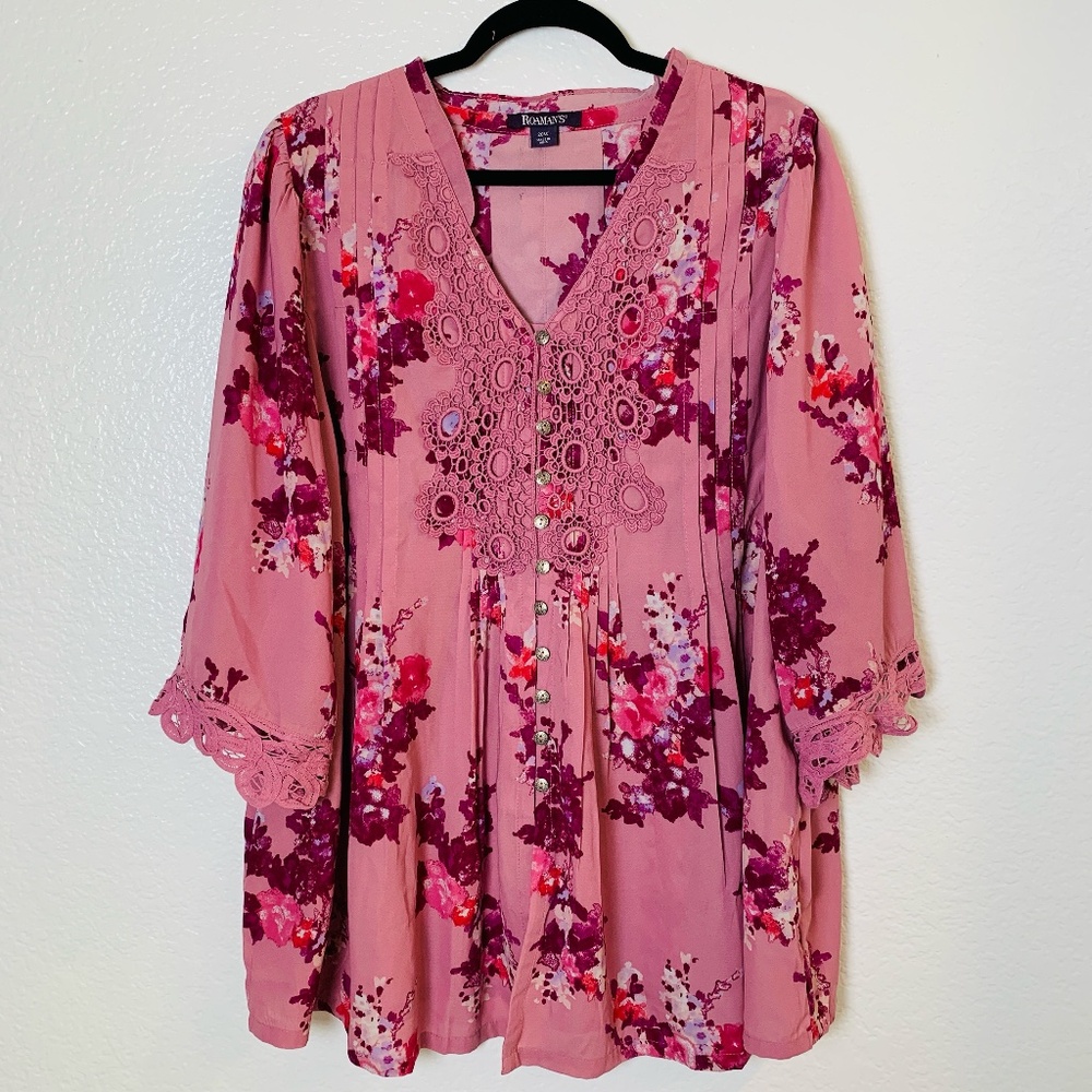 Roaman's Floral Top Womens 20W Pink Button Up Lace Boho Cottagecore Fairy Hippie